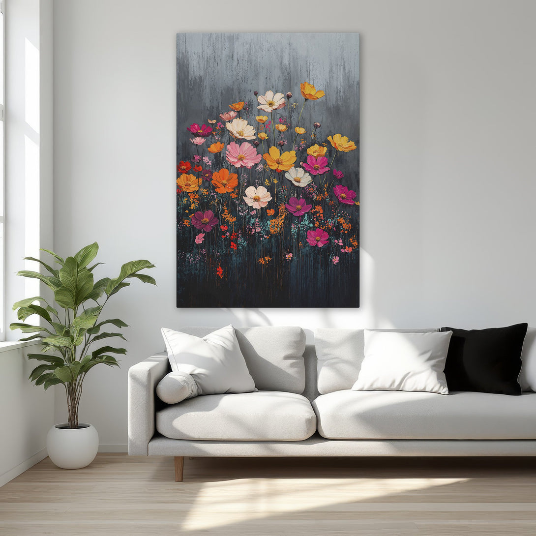 Framed Wall Art featuring vibrant floral painting with a dark background and a warm, colorful palette. Adds elegance and beauty to any interior.