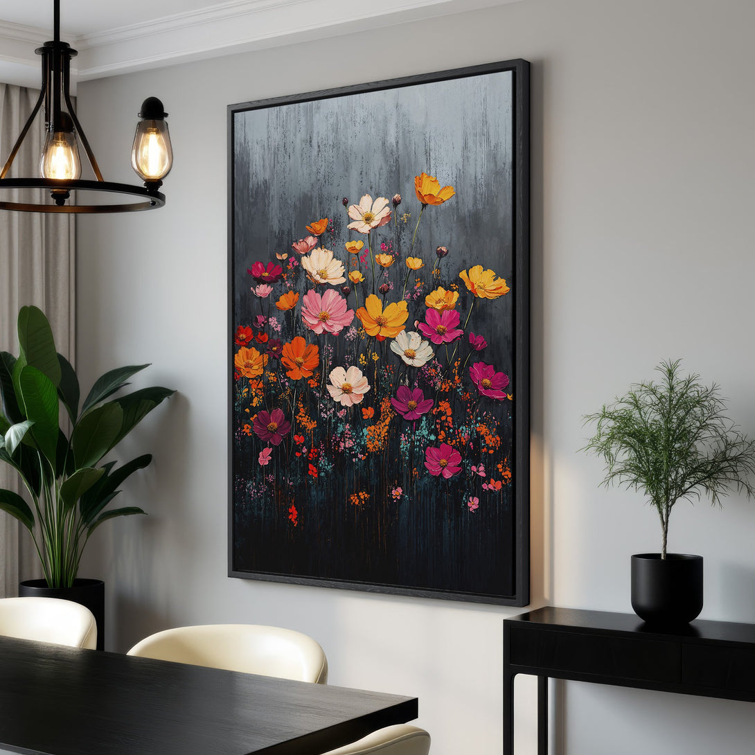 Framed Wall Art: Vibrant floral canvas print in a modern interior. Features colorful flowers against a dark, textured background. Perfect for adding a pop of color!
