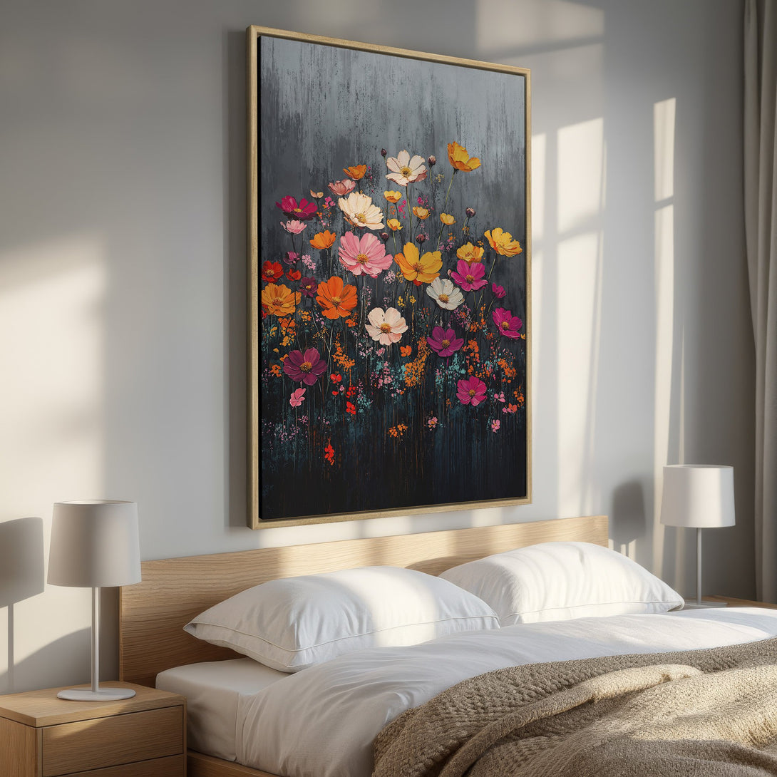 Framed Wall Art: Vibrant floral canvas print with colorful flowers on a dark background. Adds a pop of color and artistic style to any bedroom decor.
