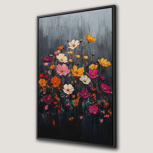 Framed Wall Art: Vibrant floral canvas print with colorful blooms against a moody, dark background. Perfect for adding a pop of art to your space!