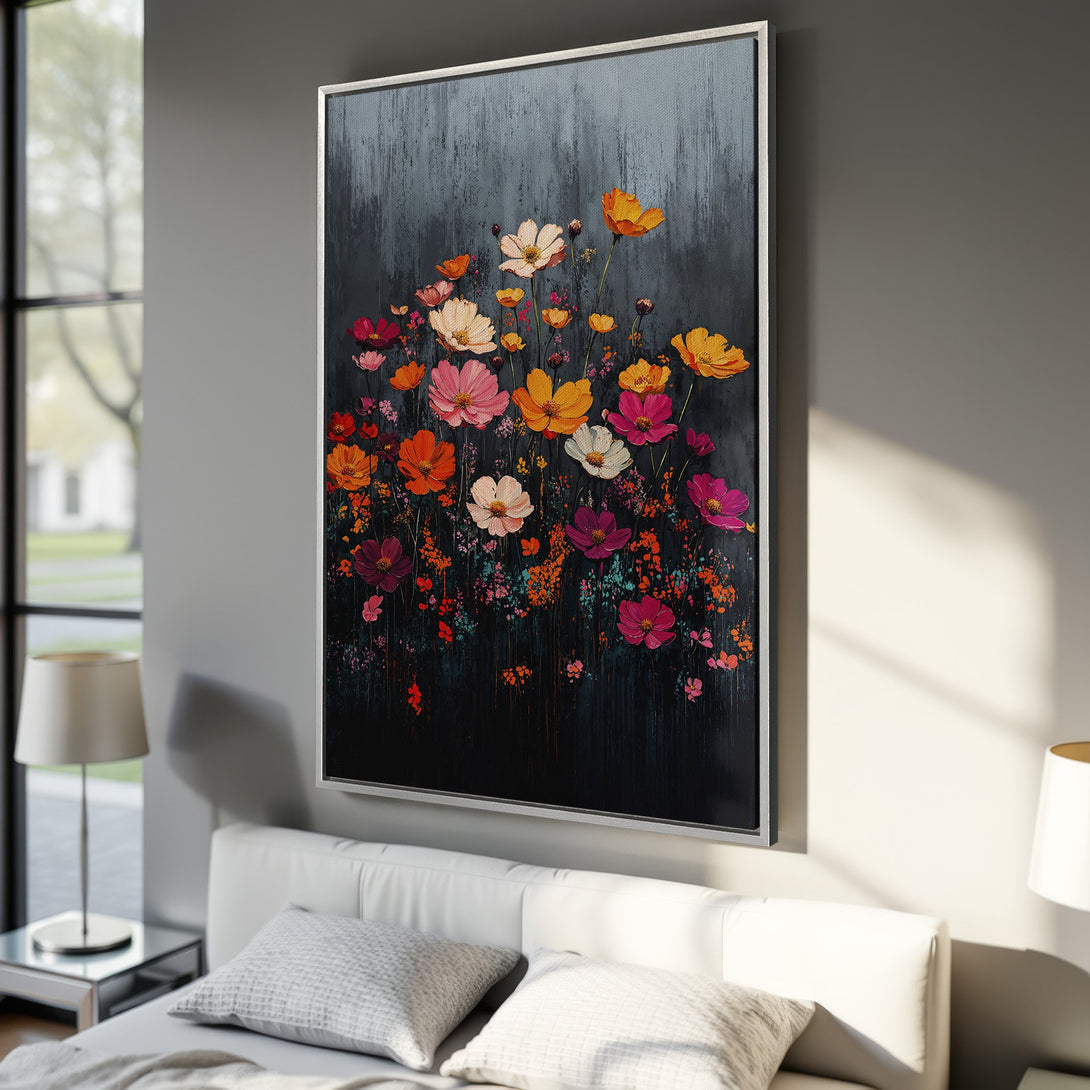Framed Wall Art: Colorful floral painting in a modern style. Features a dark background with vibrant orange, pink, and white flowers. Perfect bedroom decor.