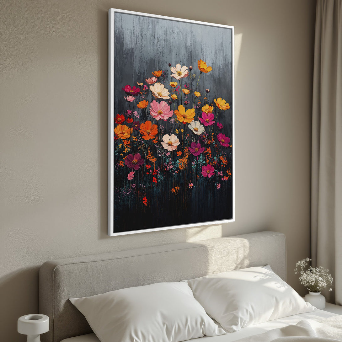 Framed Wall Art featuring vibrant floral painting in a modern style, showcasing a colorful palette of reds, oranges, pinks, and yellows. Perfect bedroom decor.