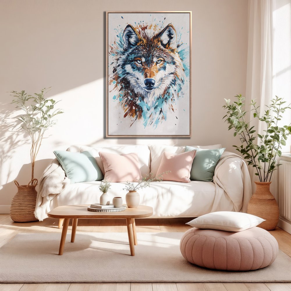 Framed Wall Art: Watercolor wolf portrait in a modern living room. Featuring a brown, blue, and white color palette. Perfect for home decor.