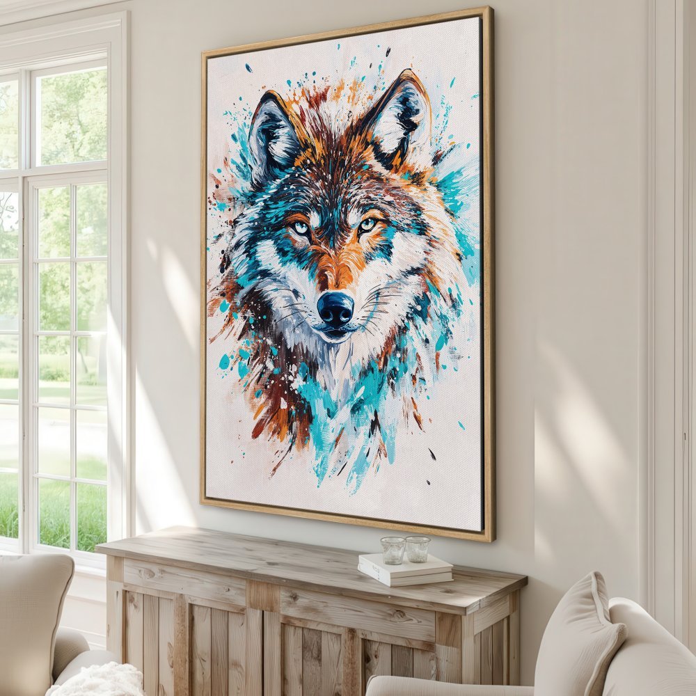 Abstract wolf Canvas Print with teal, brown, and white color palette. Modern framed wall art for your home decor.