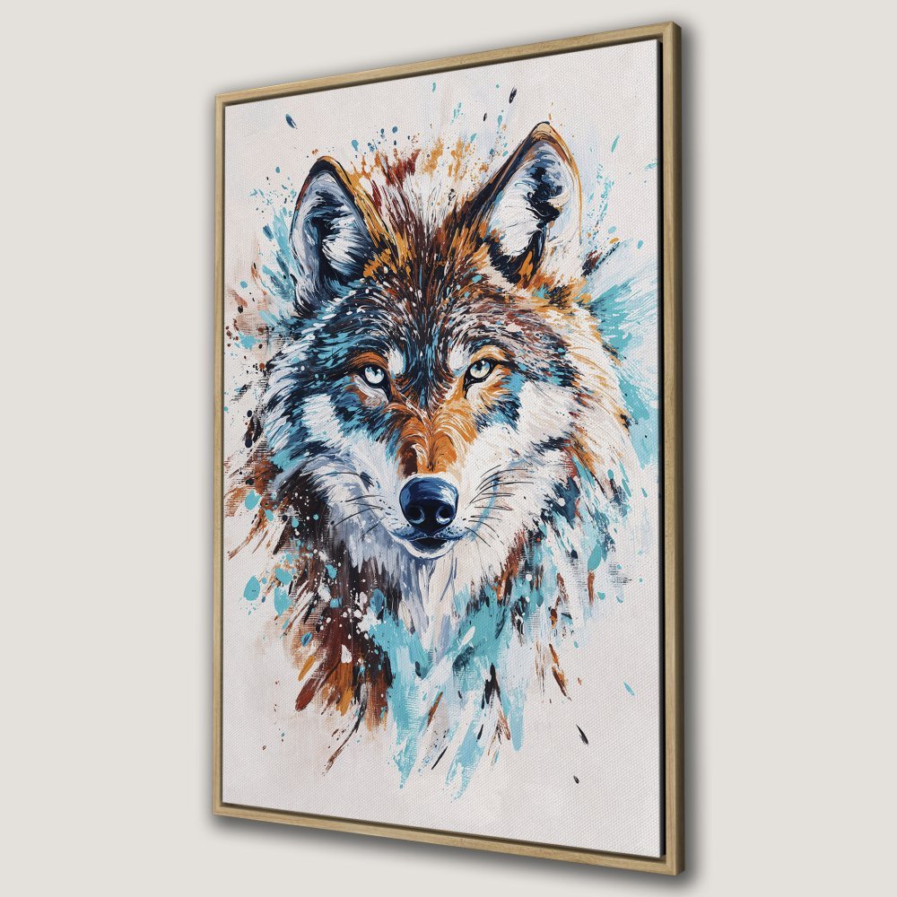 Framed Wall Art: Stunning watercolor wolf portrait in blue, brown, and white. Add a touch of wildlife art to your home decor. Shop now!
