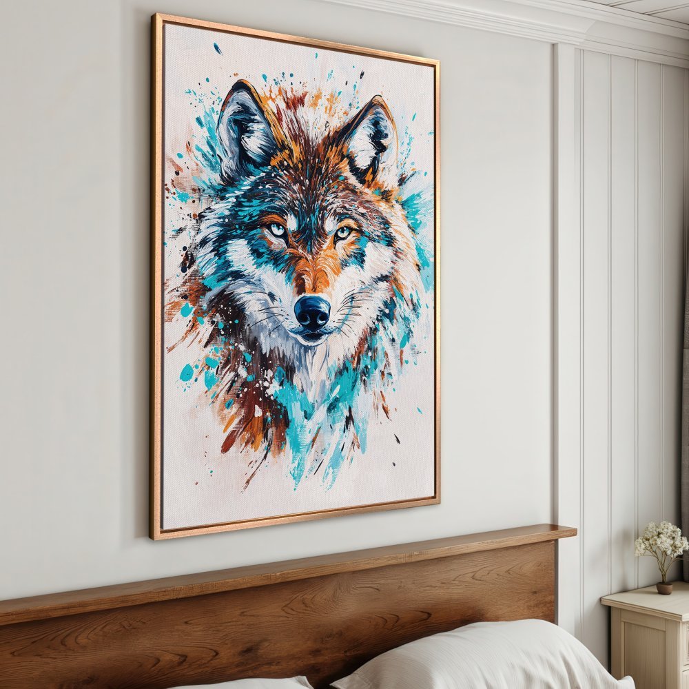 Framed Wall Art: Stunning watercolor wolf portrait in vibrant teal, orange, and brown hues. Perfect for modern home decor.