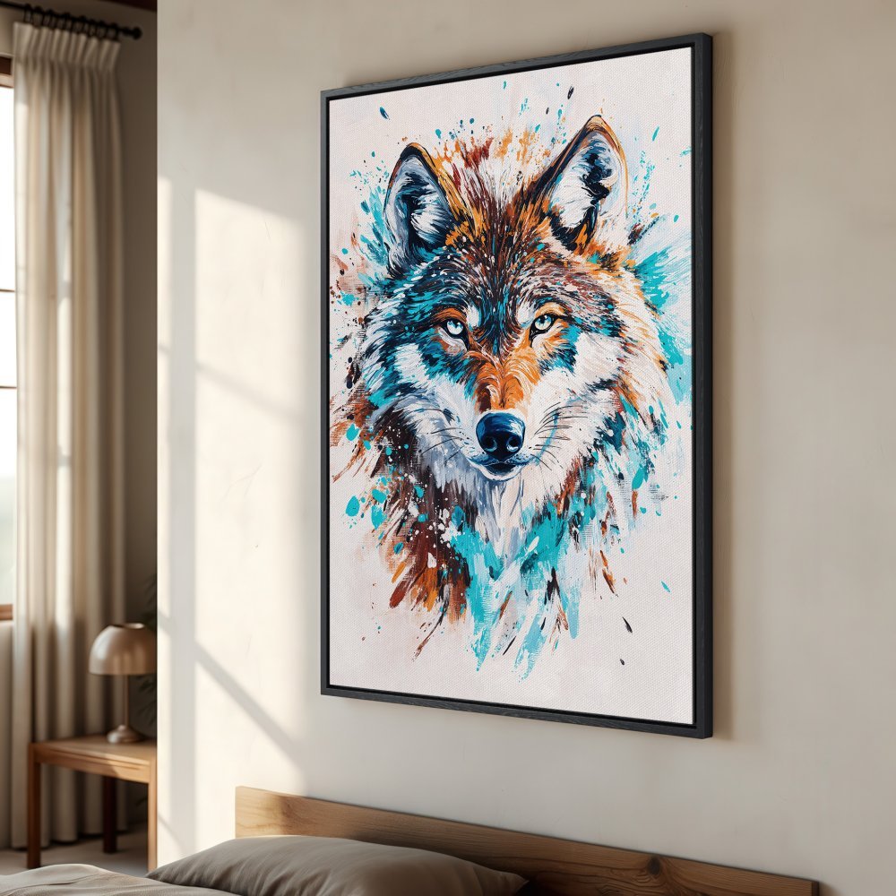 Framed Wall Art: Abstract wolf portrait in teal, orange, and brown. Modern canvas print for living room or bedroom decor.