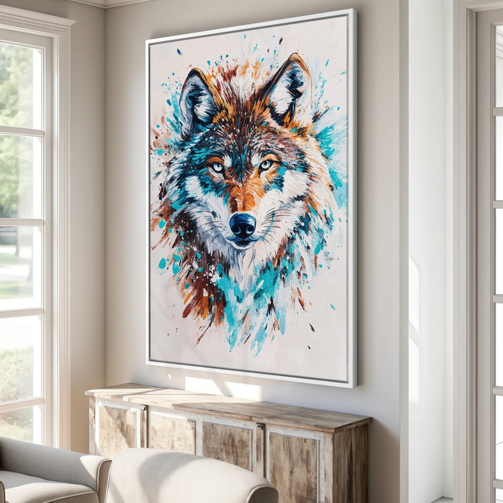 Framed Wall Art: Stunning wolf portrait in vibrant teal, orange, and brown hues. Modern abstract style Canvas Print perfect for home decor.