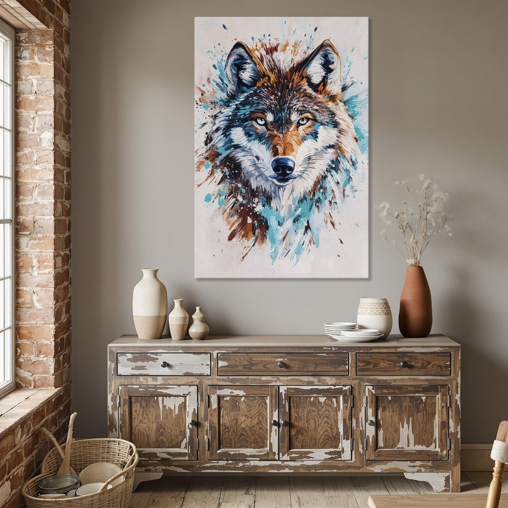 Framed Wall Art: Watercolor wolf portrait in teal, orange, and white. Modern canvas print for living room or dining room decor.