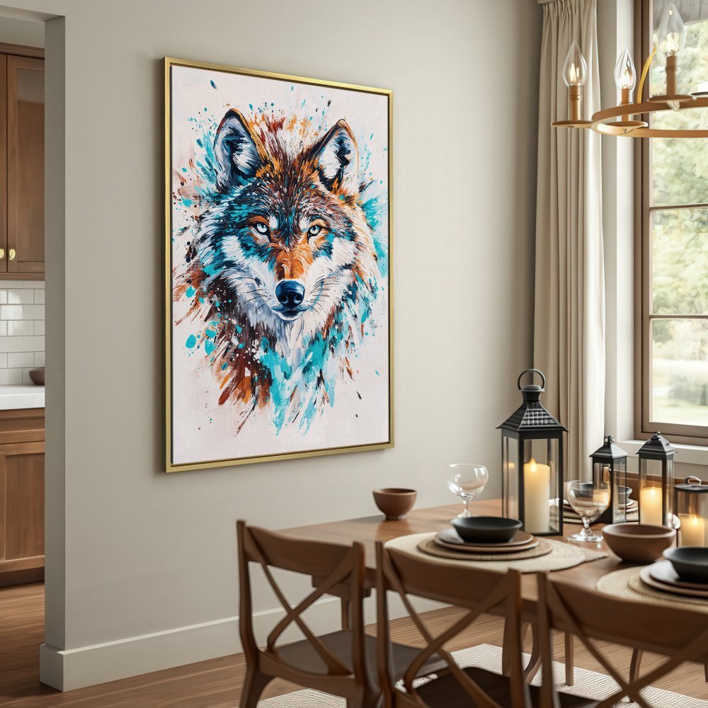 Canvas Print of a majestic wolf portrait. Watercolor style art with blue, brown, and orange hues. Perfect wall decor.