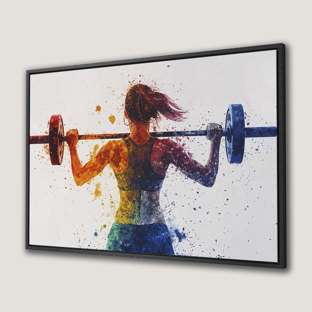 Framed Wall Art: Watercolor Canvas Print of a female weightlifter, vibrant rainbow color palette. Dynamic fitness art for your home gym or decor.