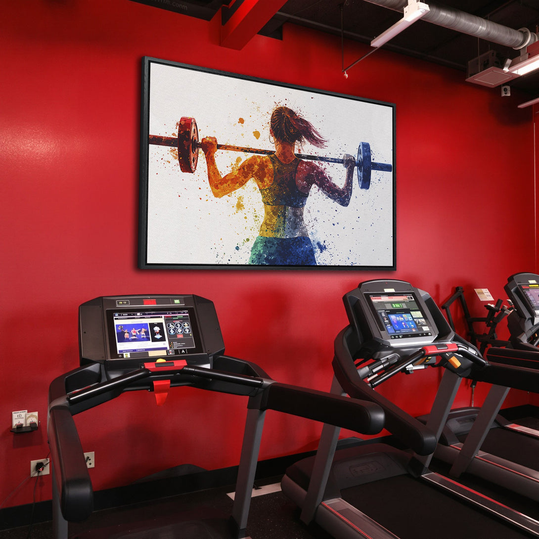 Framed Wall Art: Watercolor style canvas print of a woman lifting weights. Vibrant, colorful artwork in a gym setting. Perfect for fitness enthusiasts!