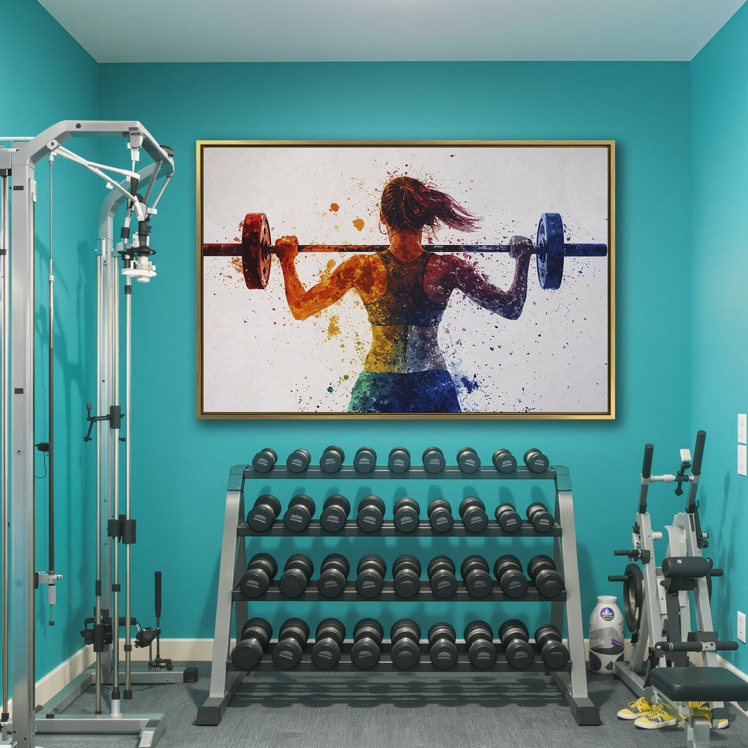 Canvas Print of a weightlifting woman in watercolor style. Vibrant rainbow color palette adds energy to this motivational wall art.