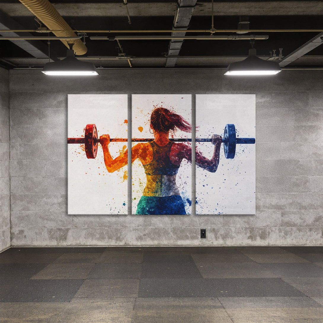 Canvas Print of a woman lifting weights, watercolor style, vibrant rainbow colors. Perfect for gym decor.