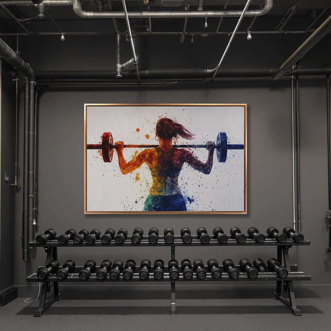 Framed Wall Art: Watercolor-style print of a woman lifting weights. Vibrant, colorful artwork with a fitness theme, perfect for a gym or home decor.
