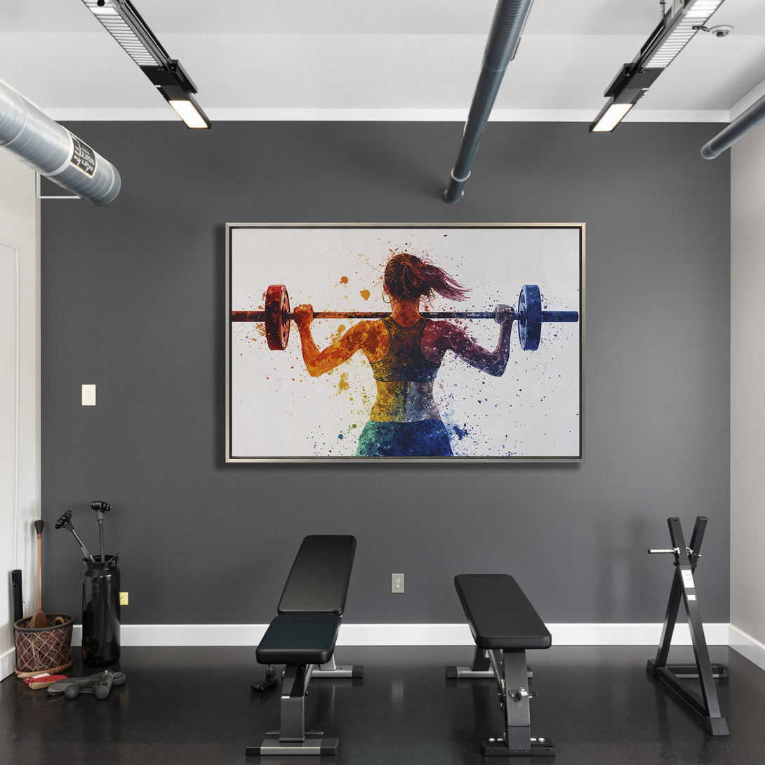 Framed Wall Art: Watercolor print of a woman lifting weights, vibrant rainbow color palette. Perfect for home gyms!
