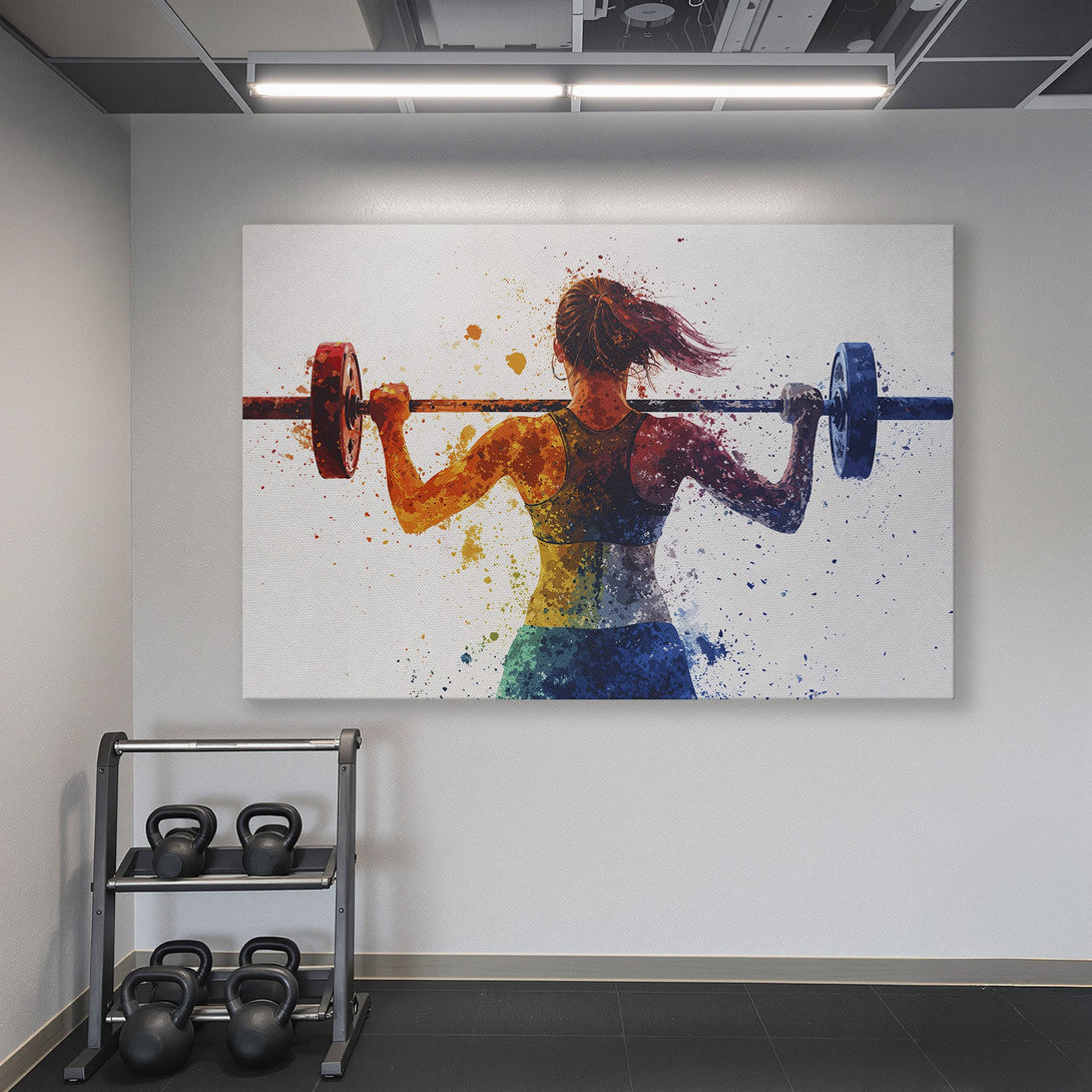 Framed Wall Art: Abstract watercolor Canvas Print of a weightlifter in a gym, featuring vibrant colors against a teal backdrop. Perfect fitness decor!