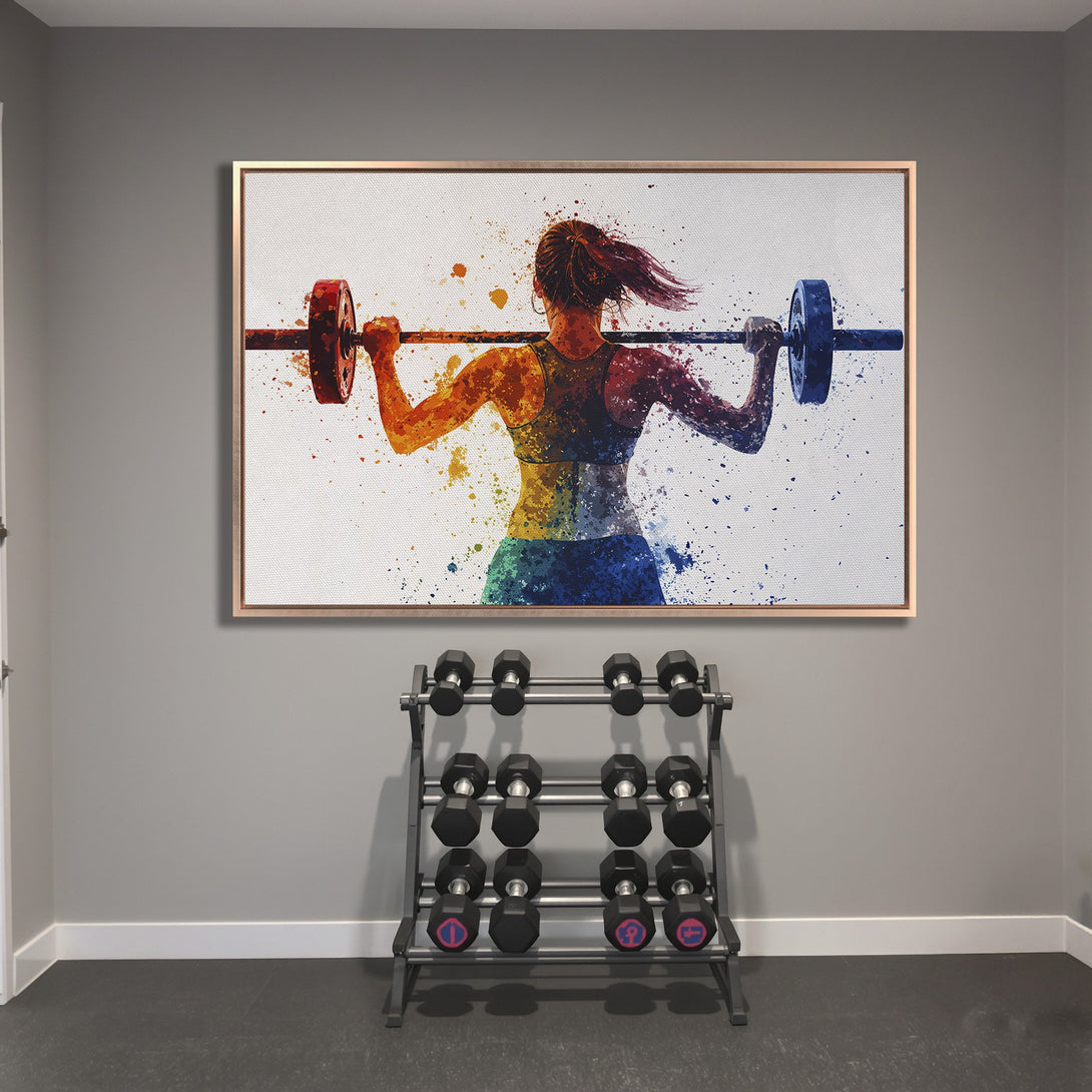 Framed Wall Art: Watercolor Canvas Print of a woman lifting weights. Colorful, abstract style with a rainbow palette. Perfect for home gym decor.
