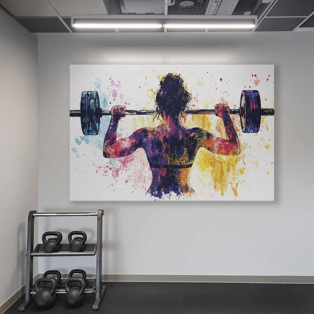 Framed Wall Art: Watercolor weightlifter in a gym, vibrant colors on canvas. Perfect for fitness enthusiasts!