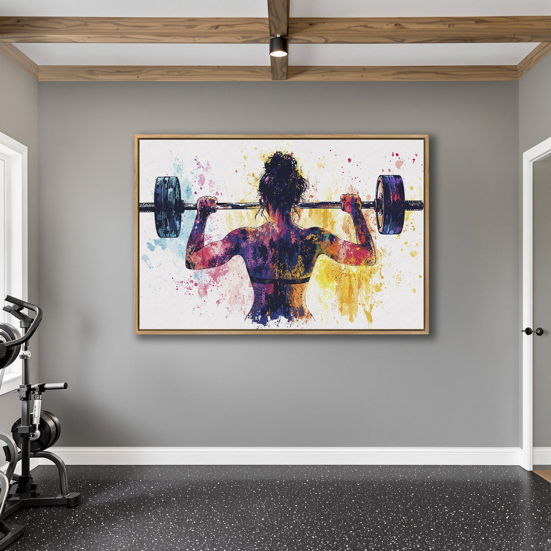 Framed Wall Art of a weightlifter in watercolor style. Colorful artwork with a vibrant palette of blues, purples, and yellows, perfect for home gym decor.