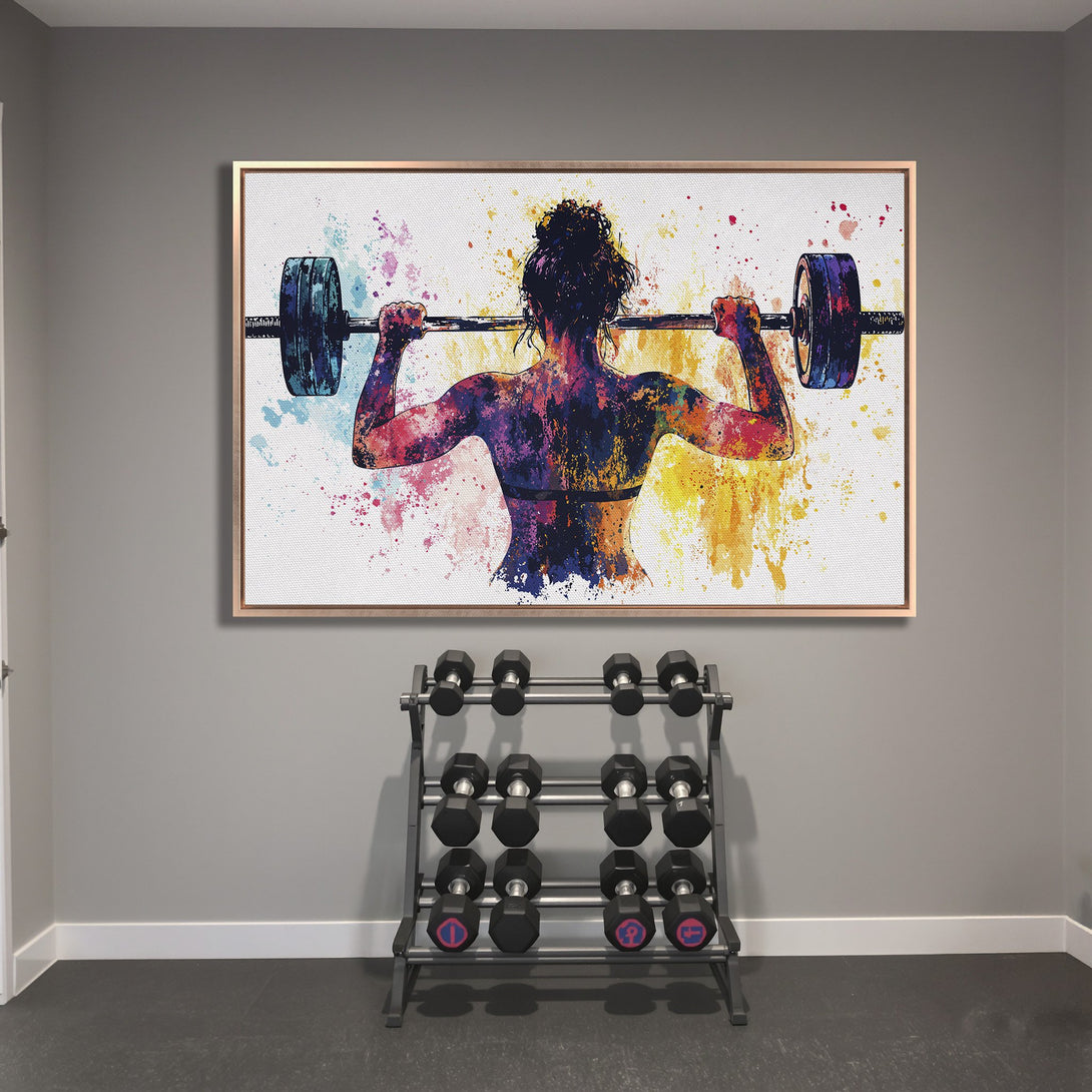 Framed Wall Art: Watercolor Canvas Print of a woman lifting weights. Vibrant, colorful abstract art in a gym setting. Perfect for fitness enthusiasts.
