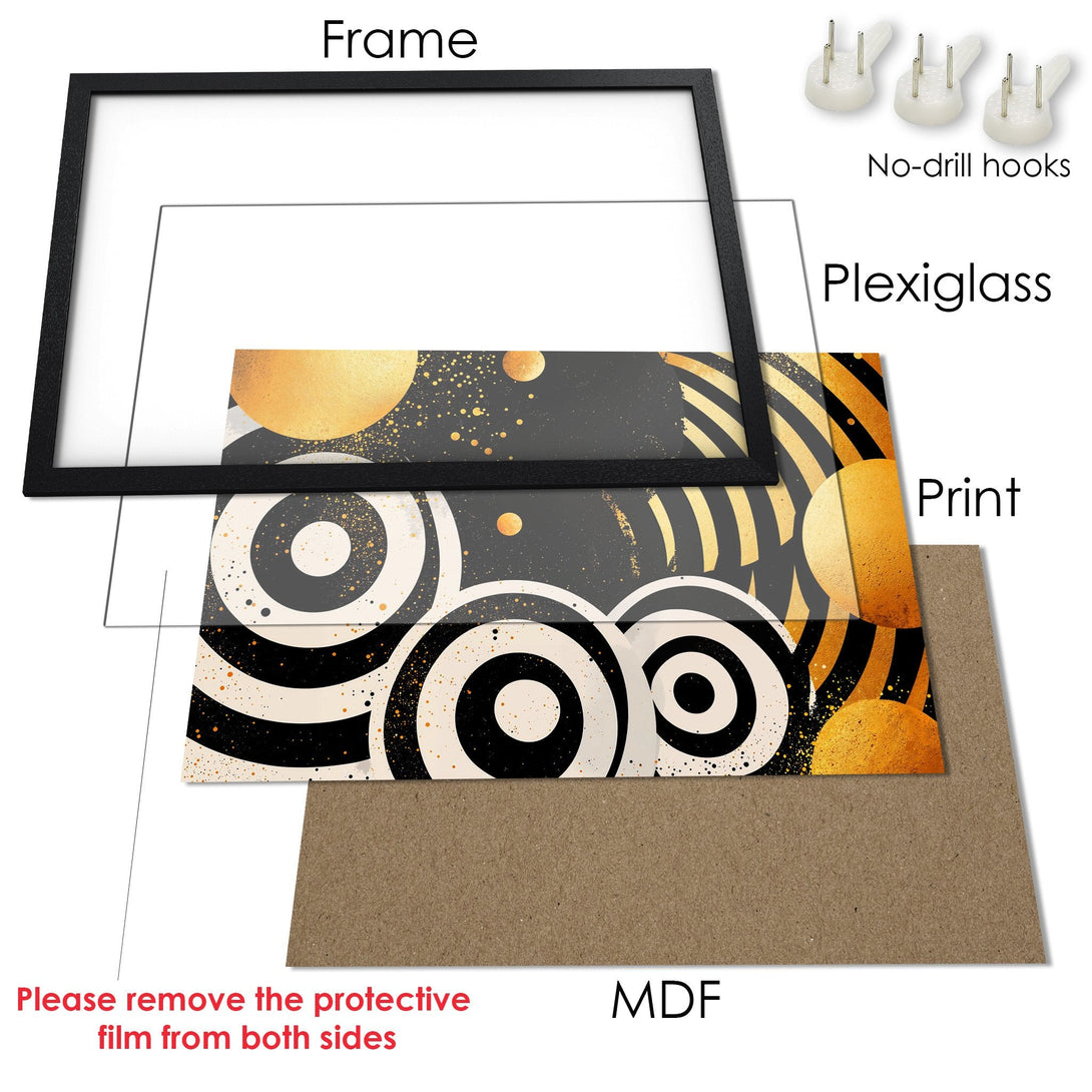 Framed Poster with abstract geometric design in black, gold, and cream color palette. Perfect wall art for modern decor.