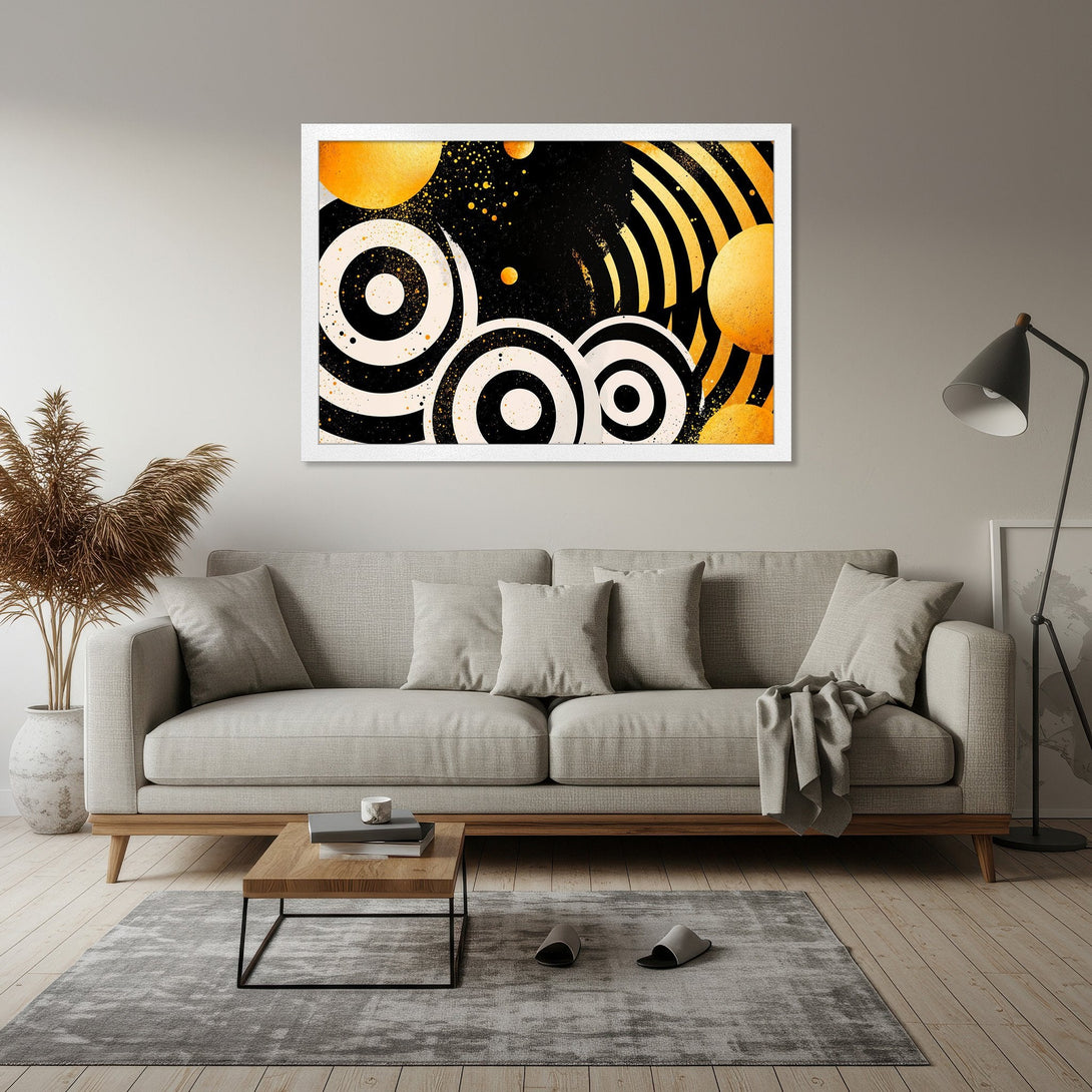 Framed Poster featuring abstract geometric art in black, white, and gold. Modern, stylish home decor.