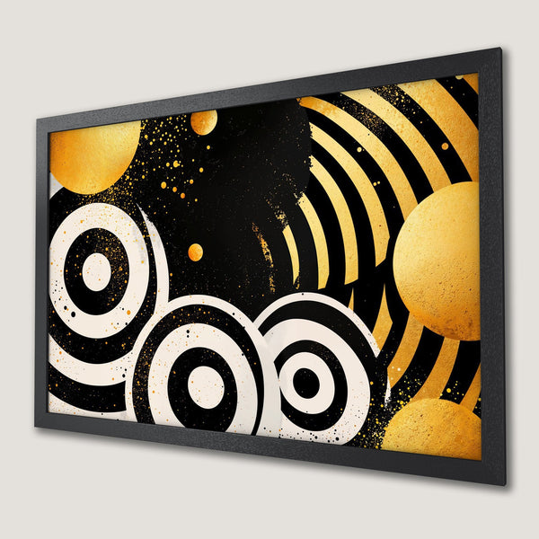 Framed Poster featuring abstract geometric design in black, gold, and white. Modern art style poster for home decor.