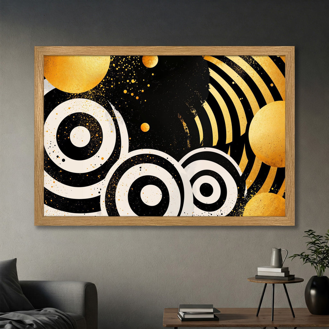 Framed Poster featuring abstract geometric art in black, white, and gold. Modern art poster for home decor.