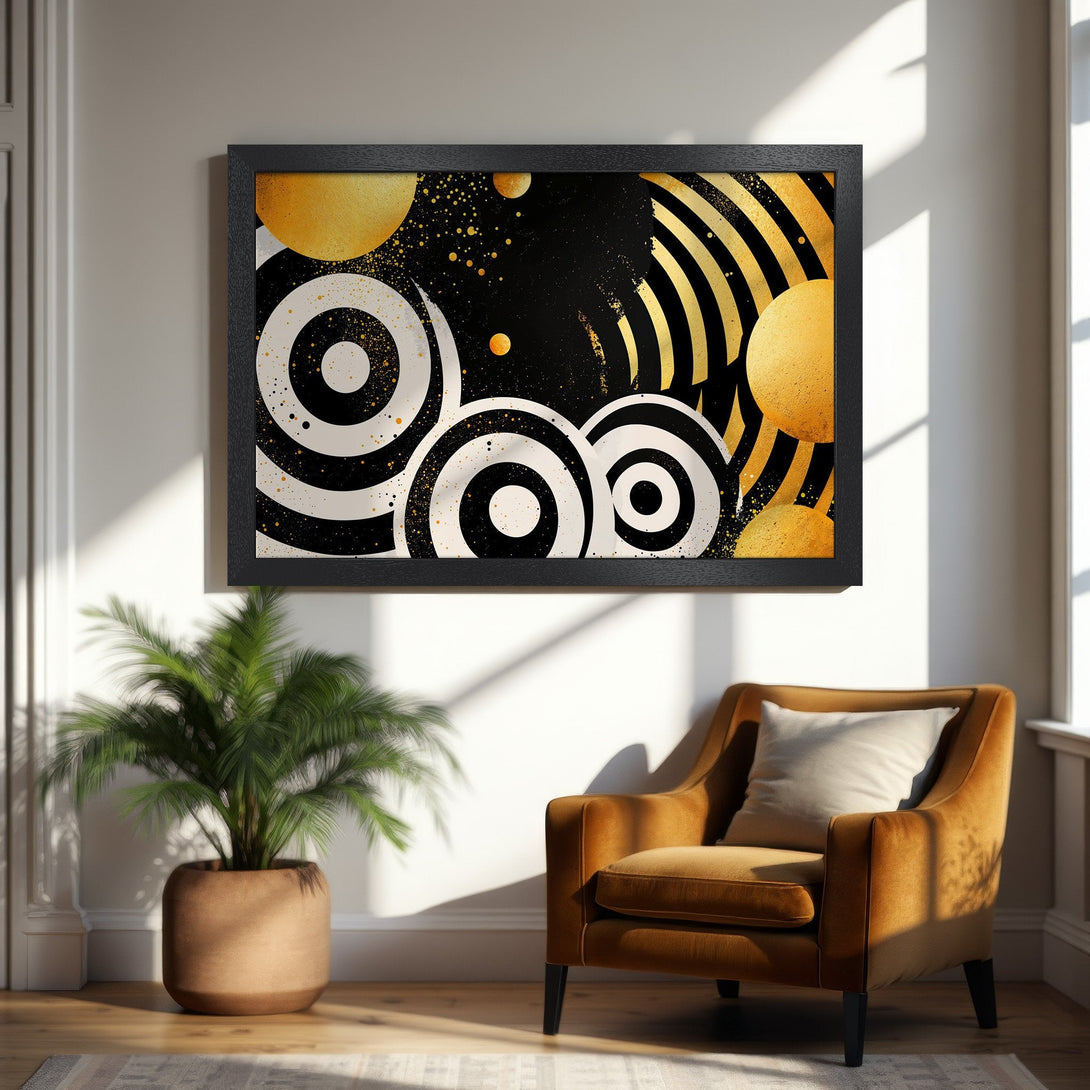 Framed Poster featuring abstract geometric art in black, white, and gold. Modern style, perfect for home decor. Shop our Poster collection!