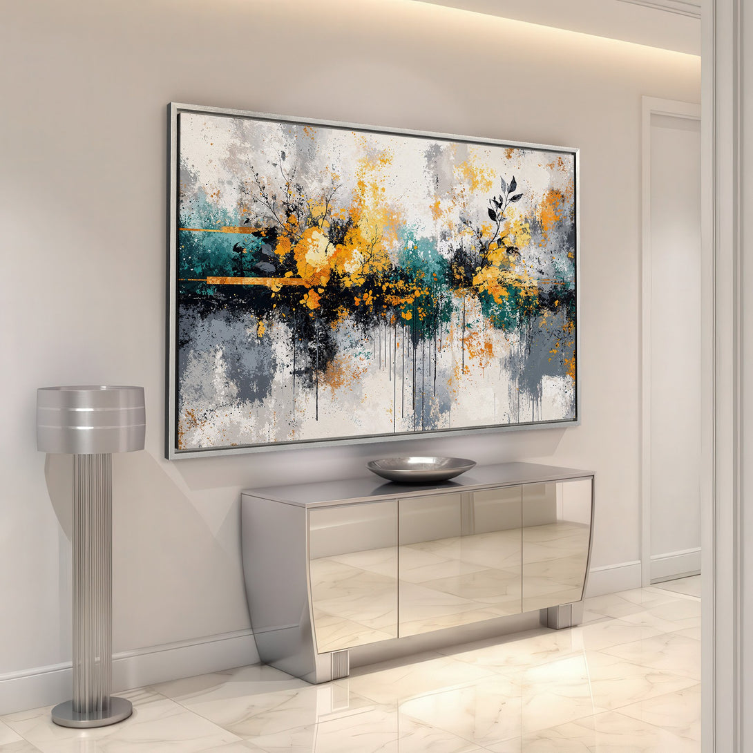 Framed Wall Art: Abstract landscape Canvas Print with yellow, teal, and gray tones. Perfect for modern home decor. Shop now!