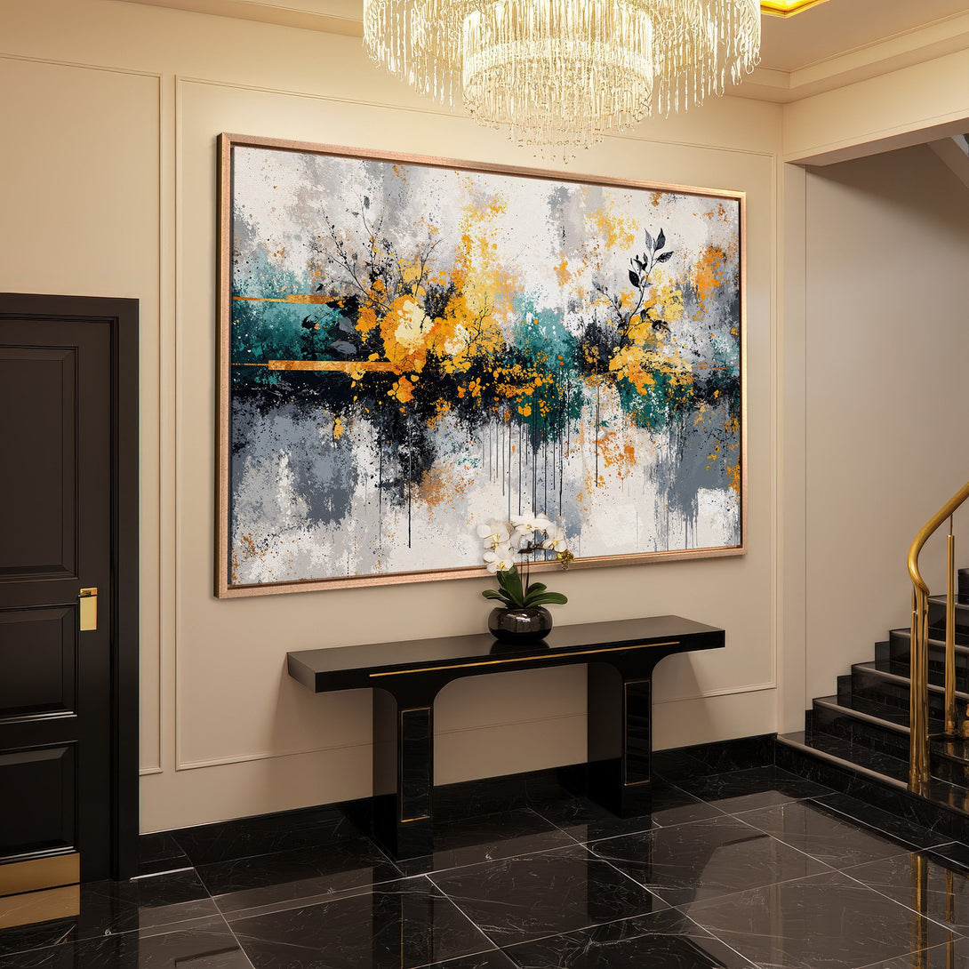 Framed Wall Art: Abstract floral Canvas Print with gold, teal, gray, and yellow hues, displayed in a luxury interior setting.