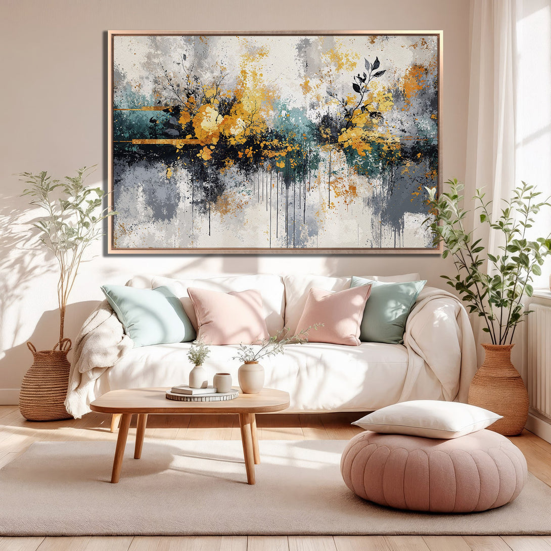Framed Wall Art: Abstract floral canvas print in gold, gray, and teal. Modern art decor for living room. Elevate your space with stylish wall art.