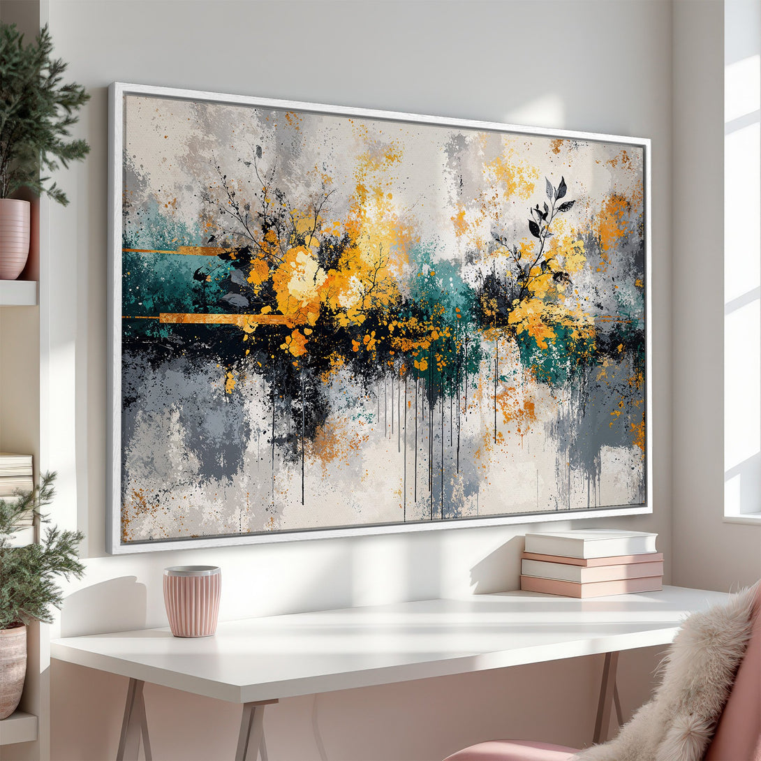 Framed Wall Art: Abstract floral design in yellow, teal, and gray. Modern canvas print adds a pop of color and style to any room.