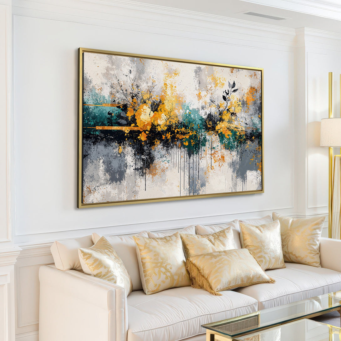 Abstract Canvas Print in a modern living room. Features a floral design with a gray, yellow, and teal color palette. Perfect wall art for any space!