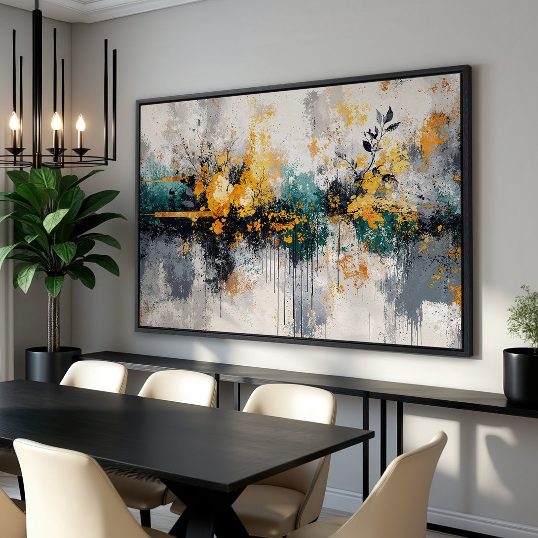 Framed Wall Art: Abstract landscape Canvas Print in yellow, teal, gray, and black. Modern art for dining room decor.