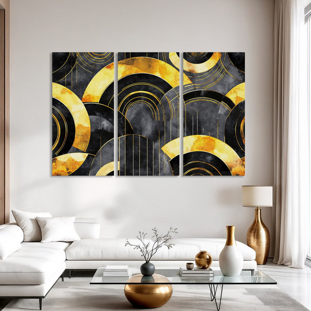 Abstract Canvas Print in gold, black, and gray. Modern art decor for living room. Enhance your space with this stylish wall art.