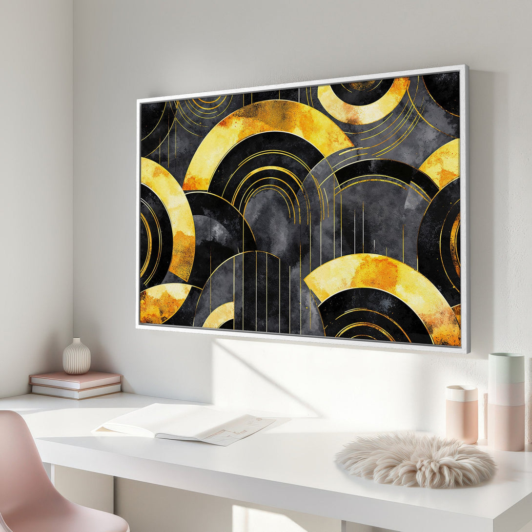 Framed Wall Art: Abstract geometric art in gold, black, and gray. Modern canvas print adds a touch of luxury to any interior. Shop now!