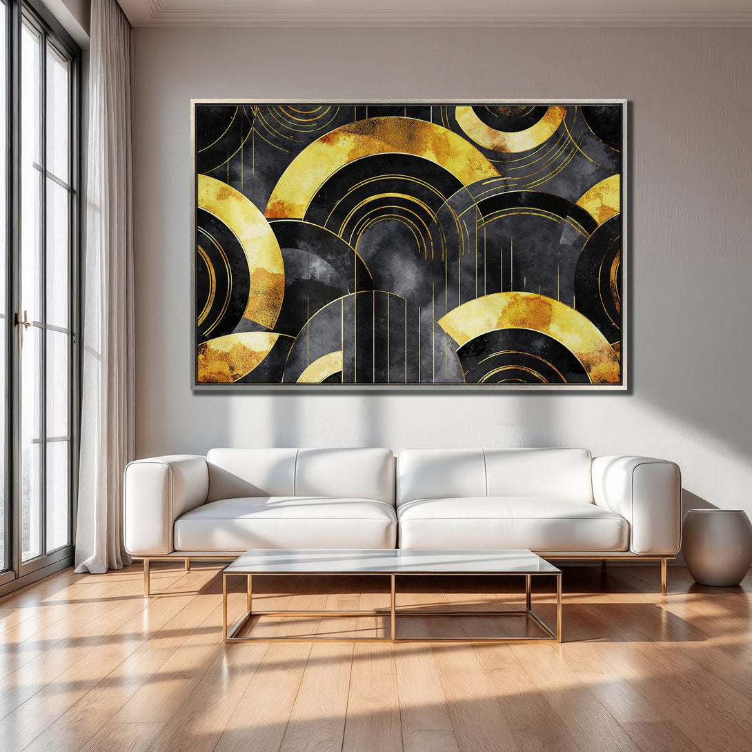 Framed Wall Art: Abstract gold and black geometric design. Modern art canvas print with a luxurious, elegant aesthetic. Perfect for living room decor.