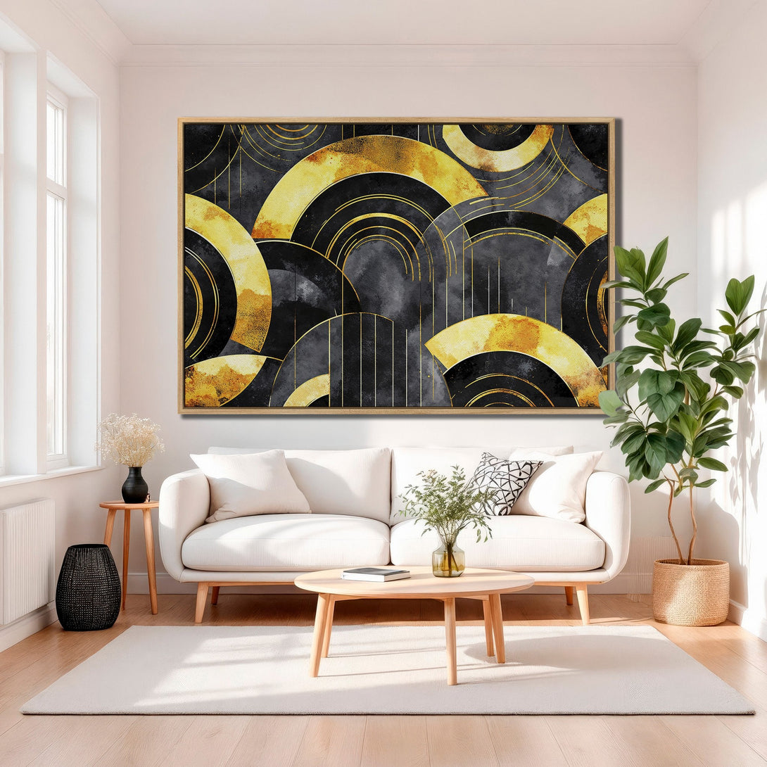 Framed Wall Art: Abstract geometric design in gold, black, and gray. Modern art canvas print adds a touch of luxury to any living room.