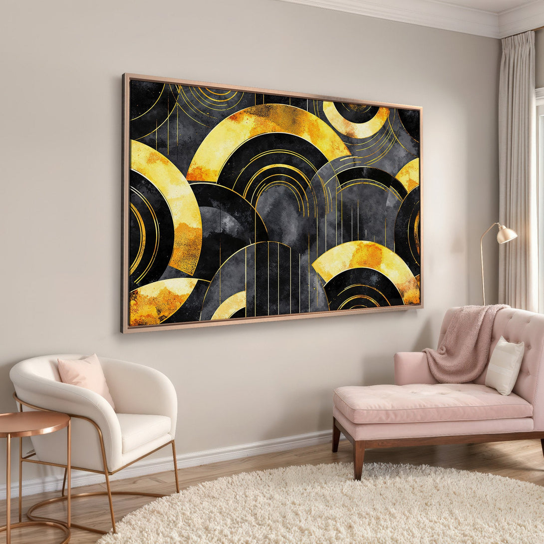 Framed Wall Art featuring an abstract geometric design in black, gold, and gray. Modern art for your home decor.