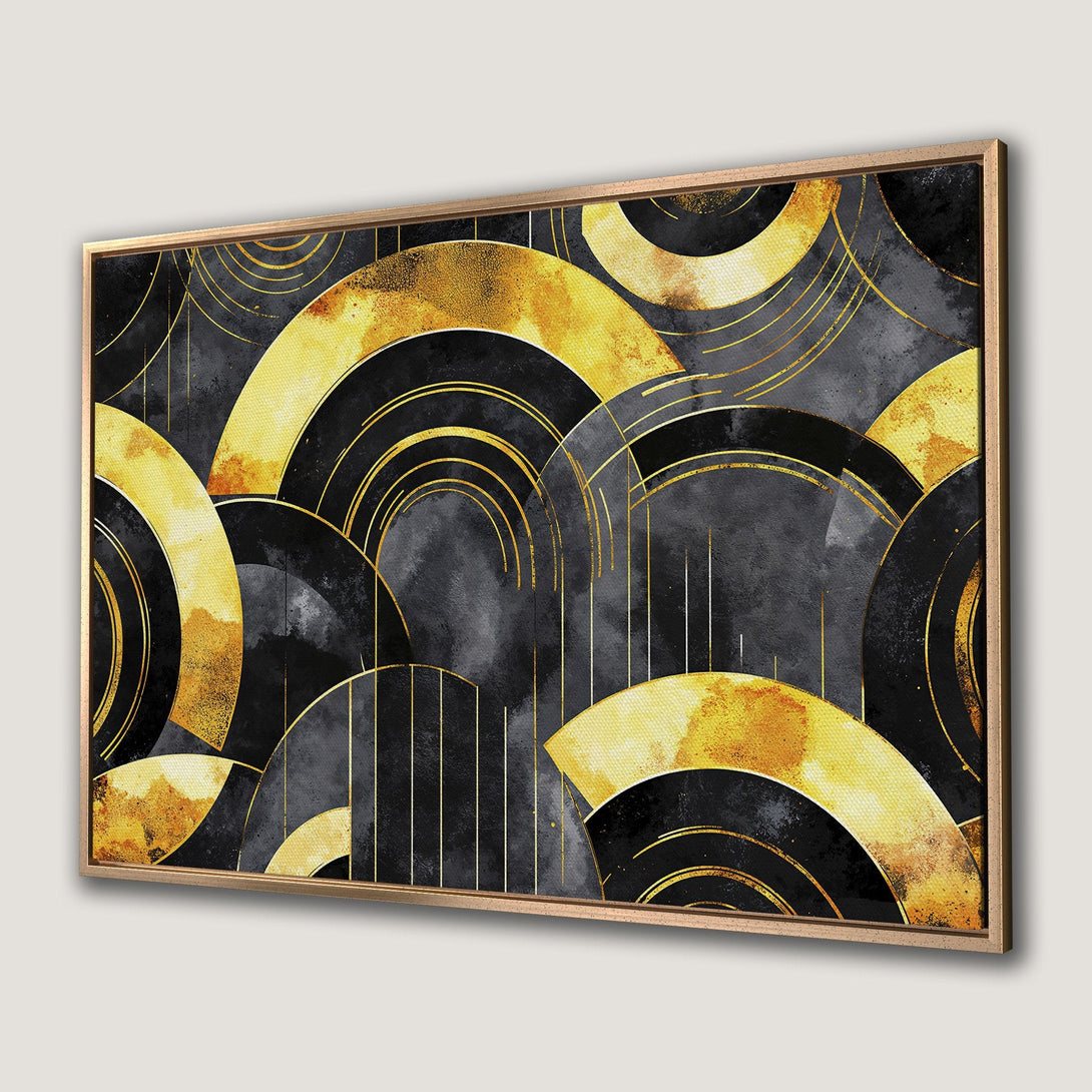 Framed Wall Art featuring abstract geometric design in black, gold, and gray. Modern canvas print for stylish home decor.