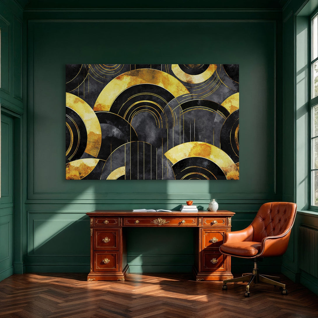 Framed Wall Art: Abstract gold and black geometric design Canvas Print. Modern art for dining room. Adds elegance and style.