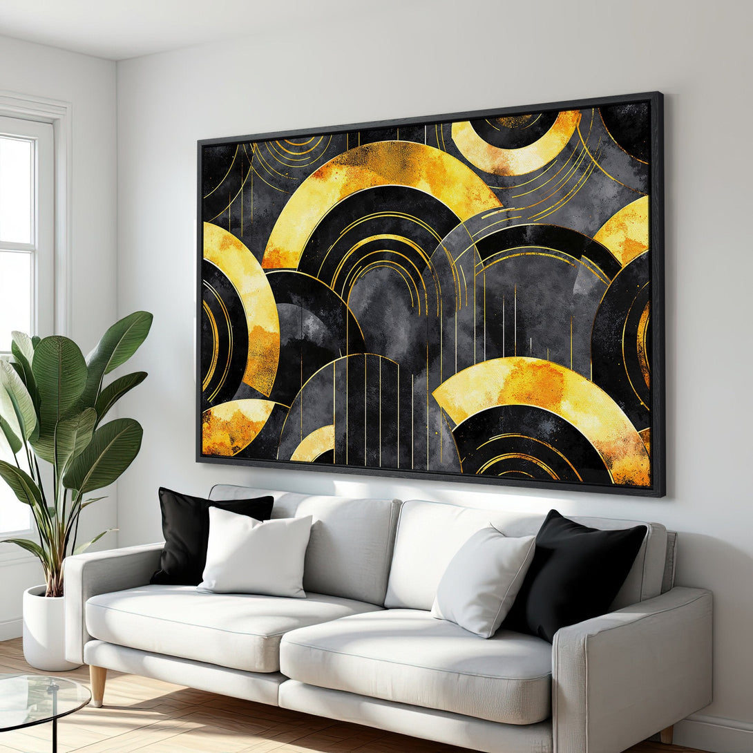 Framed Wall Art: Abstract gold and black geometric Canvas Print, modern art for home decor. Adds a touch of luxury to any interior.