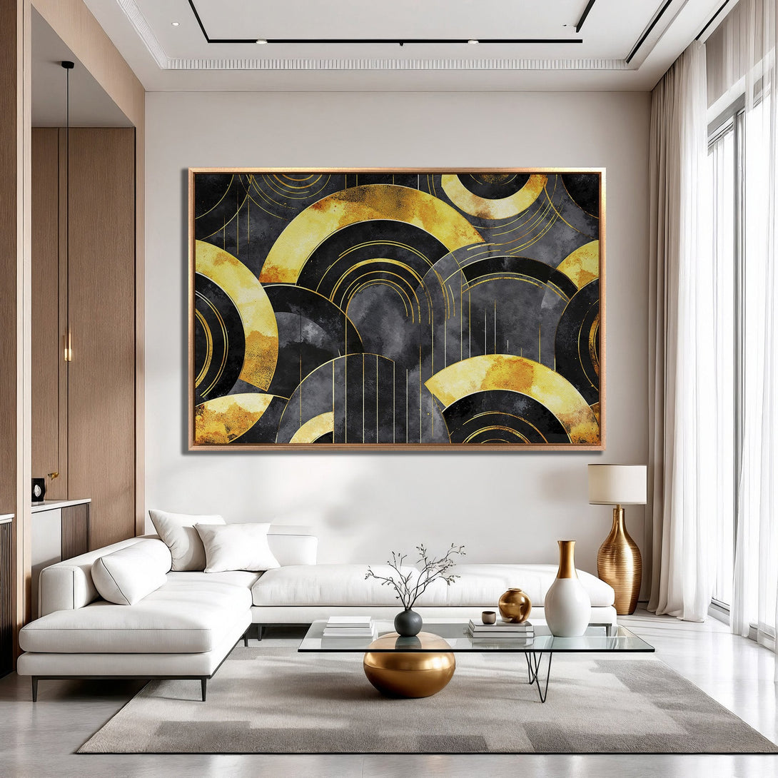 Framed Wall Art: Abstract gold and black art print. Modern style canvas print with a luxurious, sophisticated color palette for home decor.