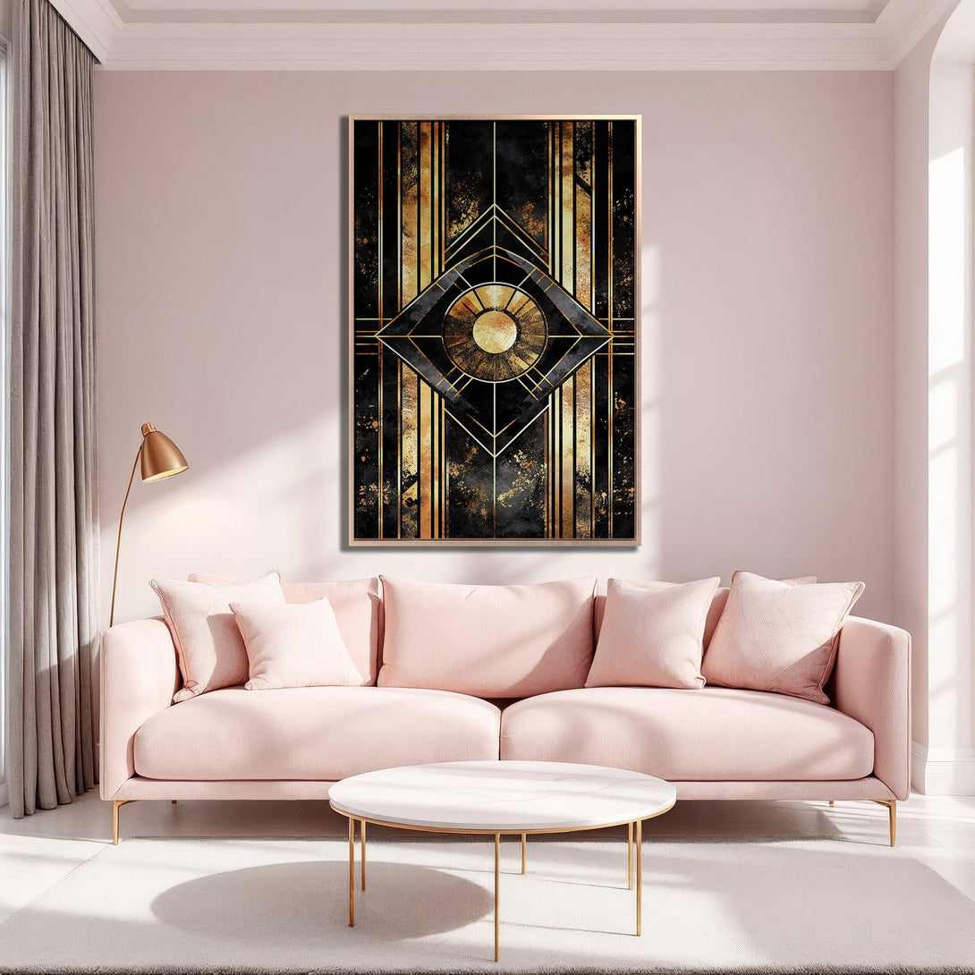 Framed Wall Art: Art Deco design in black and gold, displayed in a stylish interior with a pink and gold color palette. Elevate your space!