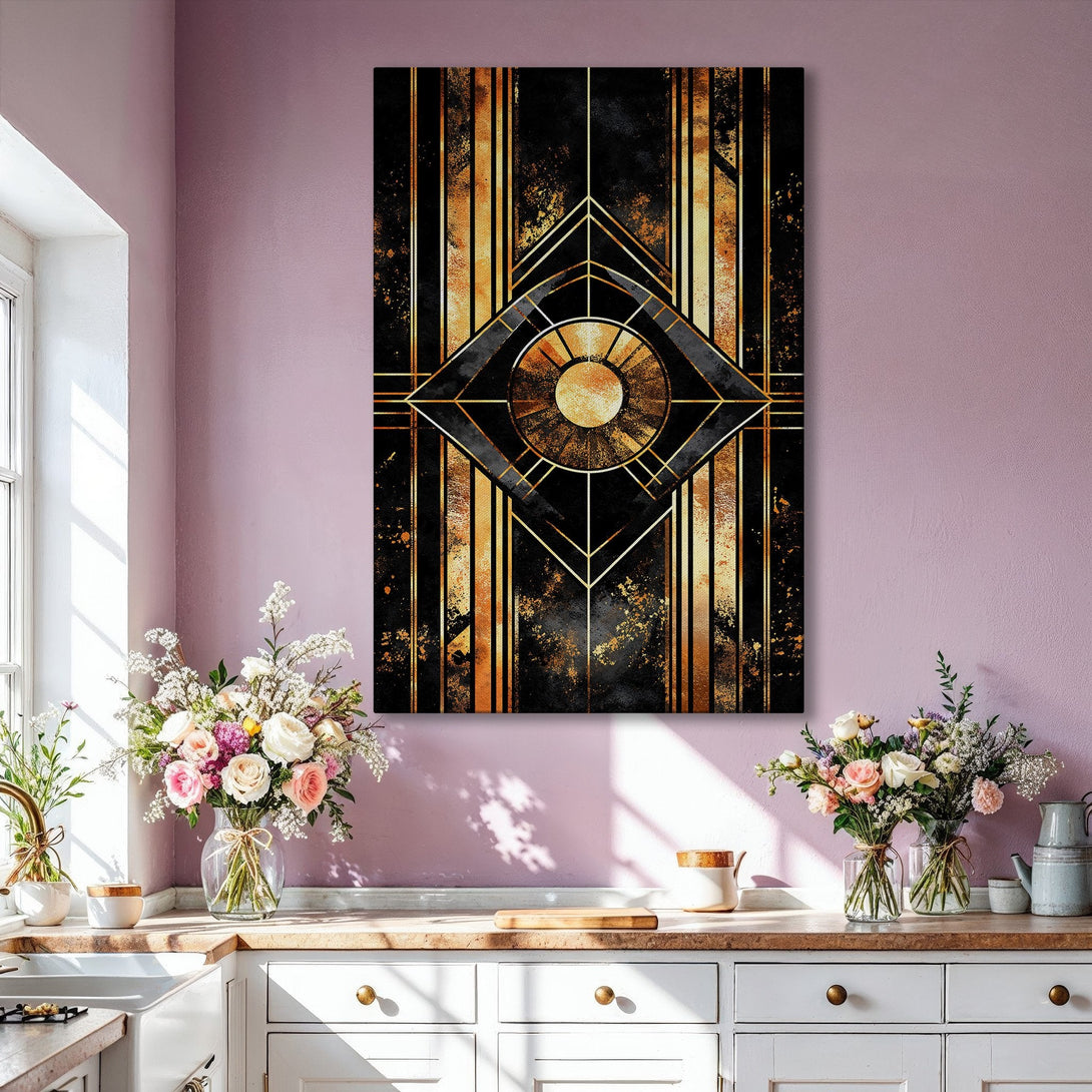 Framed Wall Art: Stunning Art Deco canvas print in black, gold, and bronze. Elevate your space with this geometric masterpiece. Modern wall decor for any room.