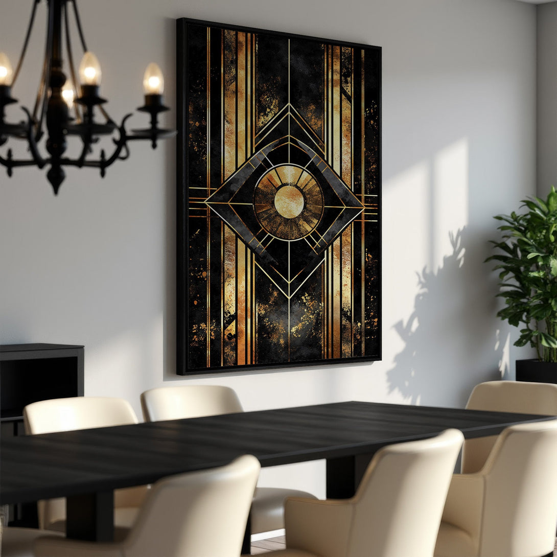 Framed Wall Art: Stunning Art Deco design in black and gold. Elevate your dining room with this luxurious Canvas Print. Shop now for modern wall decor!