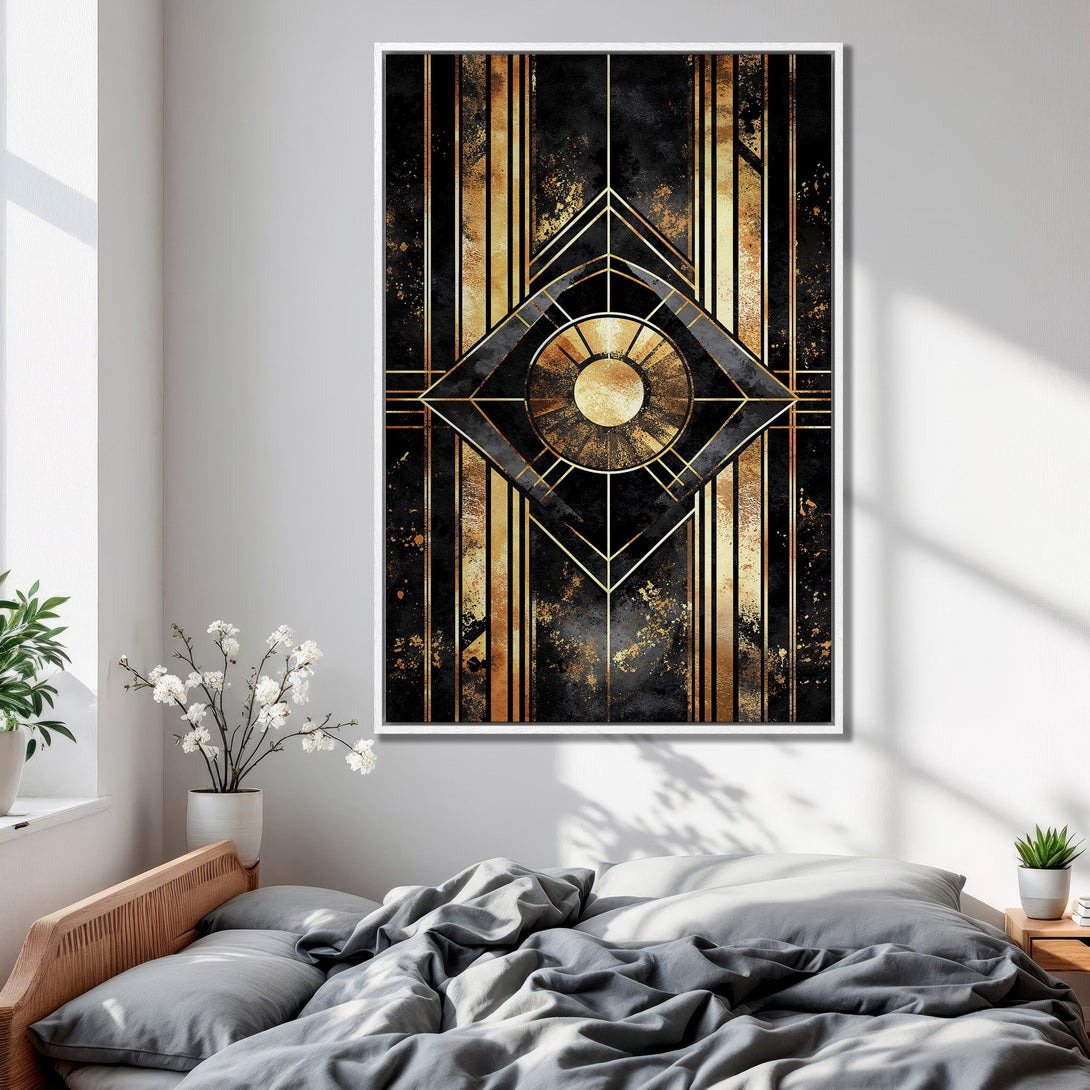 Framed Wall Art: Art Deco design Canvas Print in black and gold. Modern geometric artwork for bedroom decor. Elevate your space with this stylish print!
