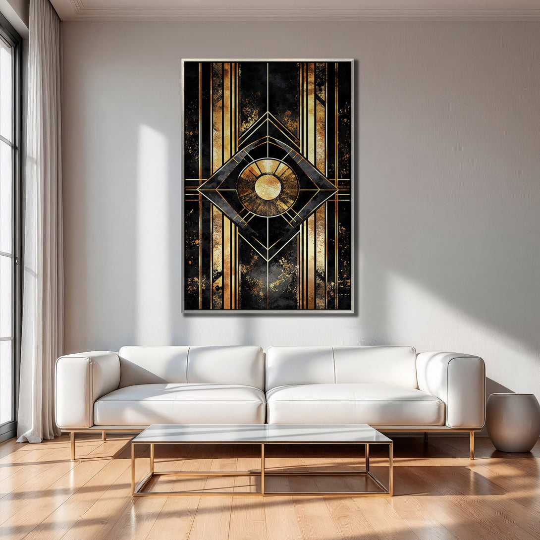 Framed Wall Art featuring an Art Deco design in black and gold, perfect for modern interiors. Enhance your living room with this stunning canvas print.